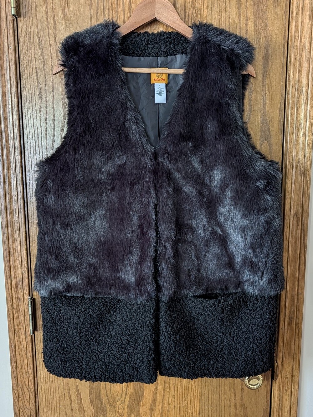 Ruby Rd Faux Fur Sherpa Vest Black Mixed Texture Large
